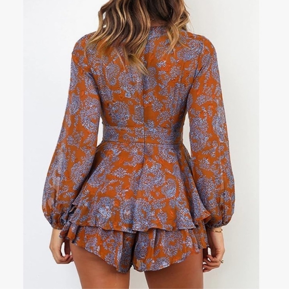 Floral Print Blue and Orange V Neck Long Sleeve Tiered Ruffle Romper - Small - Picture 2 of 10